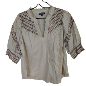Democracy Women 1X Cream Embroidered Peasant Blouse Boho Puff Sleeve V-Neck Top